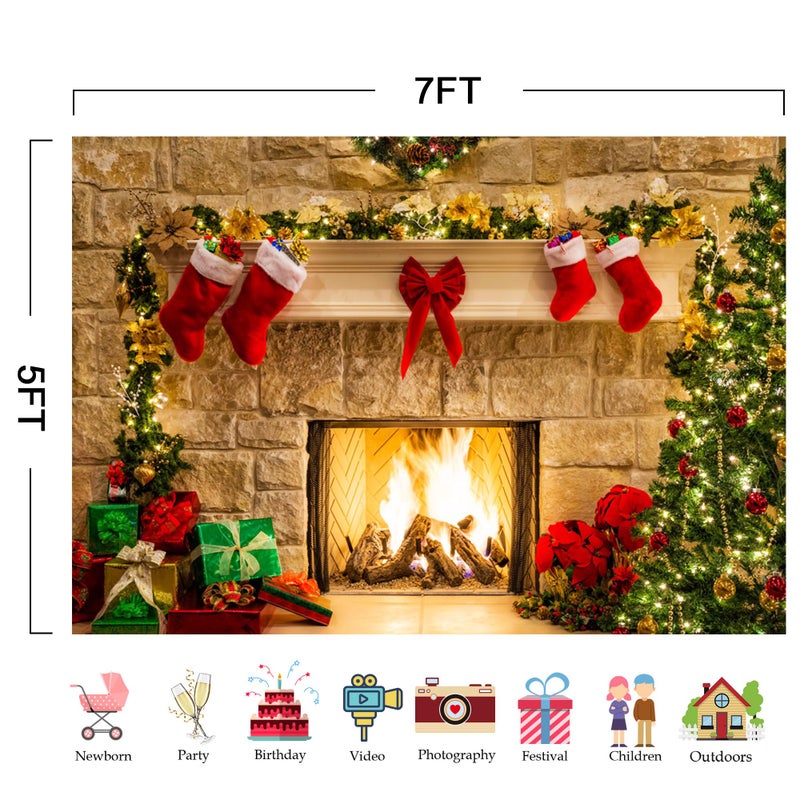 Haboke 7x5ft Christmas Fireplace Theme Backdrop for Photography Tree Sock Decorations for Xmas Party Supplies Photo Background Pictures Banner Studio Decor Booth Props - Image 2